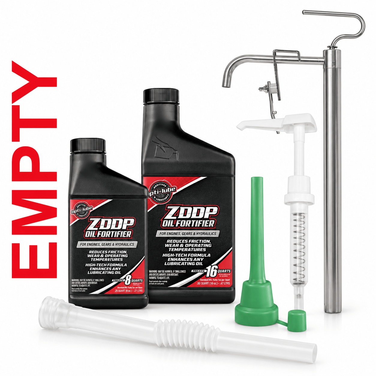 Empty ZDDP Oil Fortifier 8 oz and 16 oz bottles, green bottle funnel, gallon-bottle pump, heavy-duty pail pump and white 15-inch flexible spout